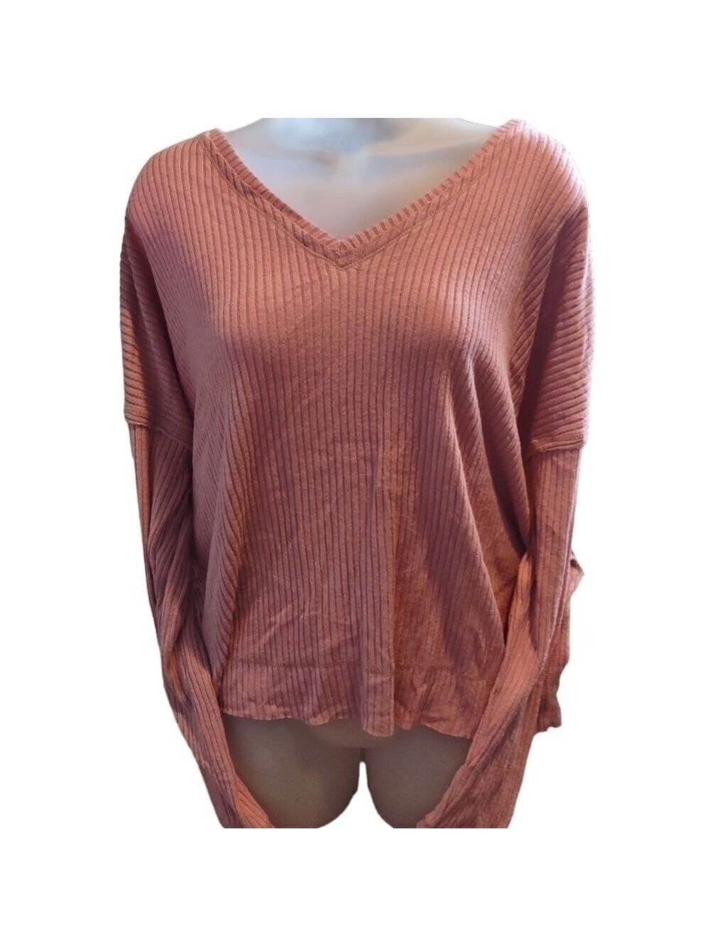 Wild Fable Pink Ribbed V Neck Long Sleeve T Shirt Small